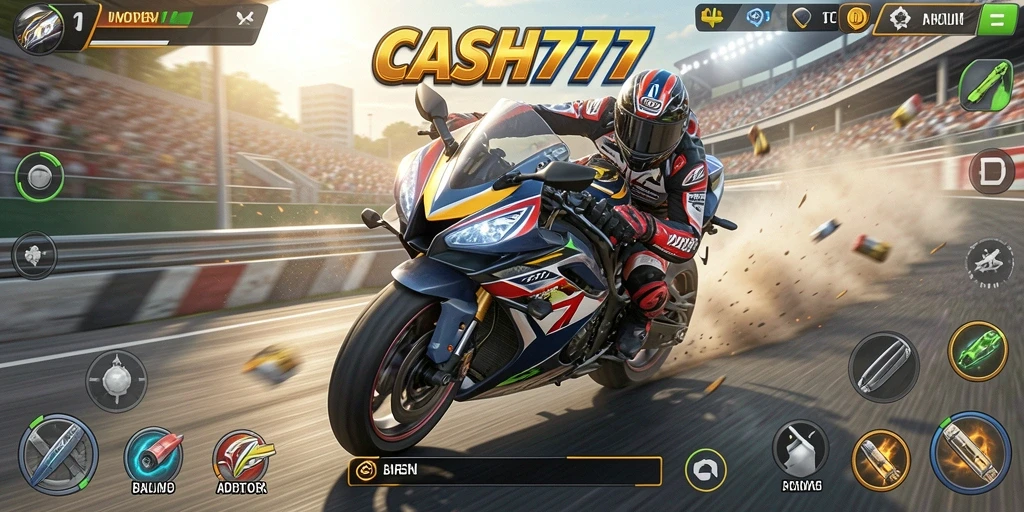 Gameplay CASH777 menampakkan balapan motor yang mendebarkan.