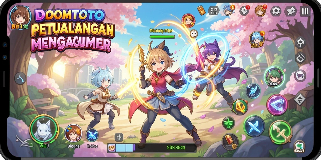 Screenshot gameplay DOMTOTO menampilkan karakter anime dan petualangan epik.