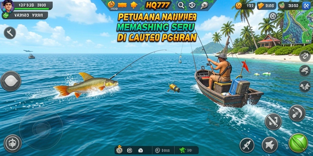 Tampilan gameplay seru dari HQ777 saat menangkap ikan di laut.