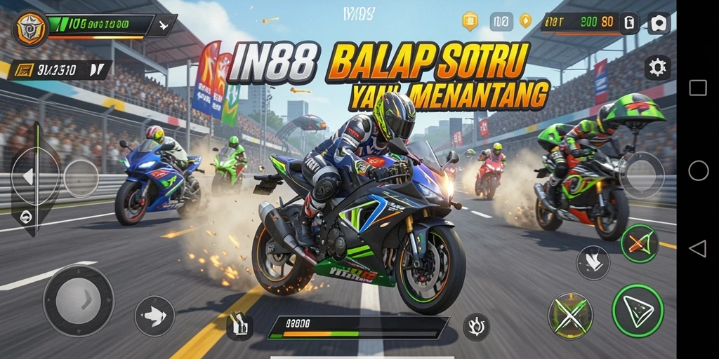 Screenshot gameplay IN88 dengan aksi balapan motor yang mendebarkan.