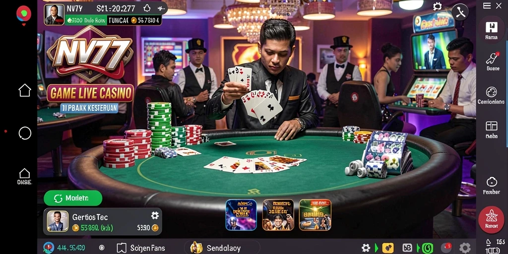 Screenshot gameplay NV77 menampilkan dealer live dan meja permainan seru.